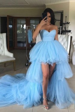 High Low Long Blue Tulle Prom Dresses Formal Evening Gowns 901808