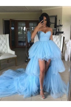 High Low Long Blue Tulle Prom Dresses Formal Evening Gowns 901808