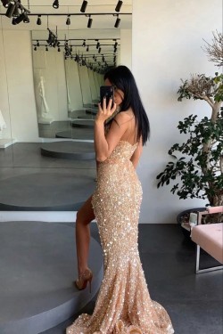 Sequins V Neck Long Prom Dresses Formal Evening Gowns with Slit 901874