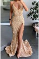 Sequins V Neck Long Prom Dresses Formal Evening Gowns with Slit 901874