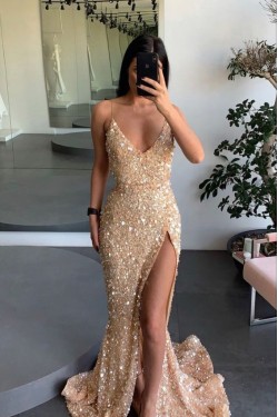 Sequins V Neck Long Prom Dresses Formal Evening Gowns with Slit 901874