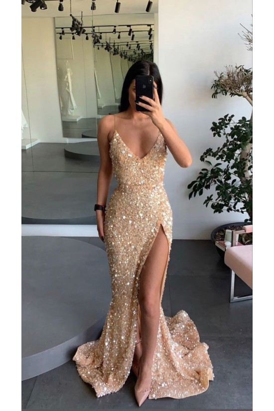 Sequins V Neck Long Prom Dresses Formal Evening Gowns with Slit 901874