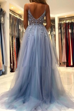 Elegant A-Line Long Blue Prom Dresses Formal Evening Gowns 901877
