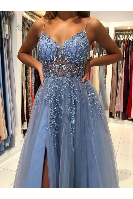 Elegant A-Line Long Blue Prom Dresses Formal Evening Gowns 901877