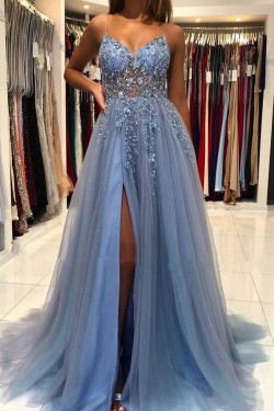 Elegant A-Line Long Blue Prom Dresses Formal Evening Gowns 901877