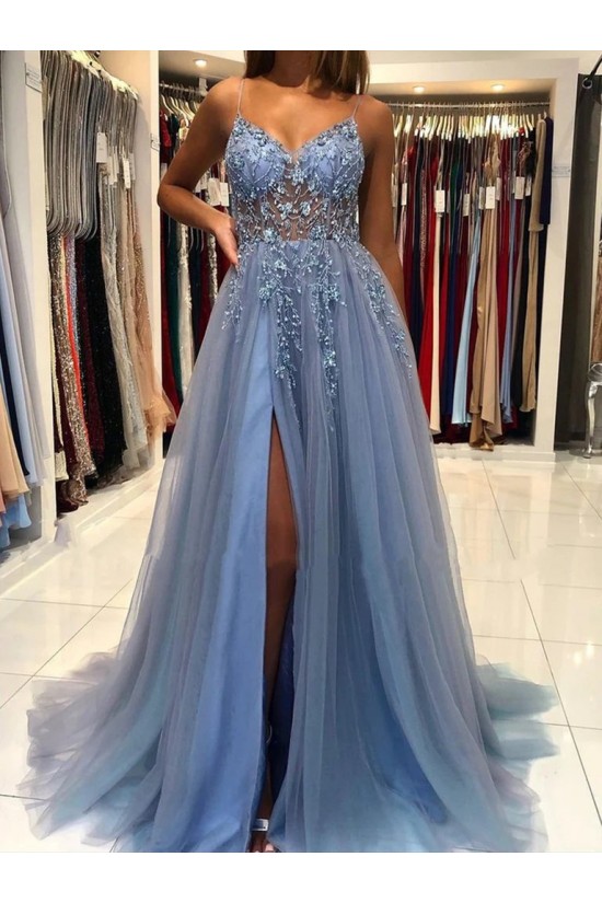 Elegant A-Line Long Blue Prom Dresses Formal Evening Gowns 901877