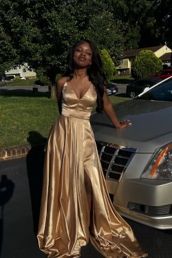 A Line V Neck Gold Sleeveless Long Prom Dresses Formal Evening Dresses 901882