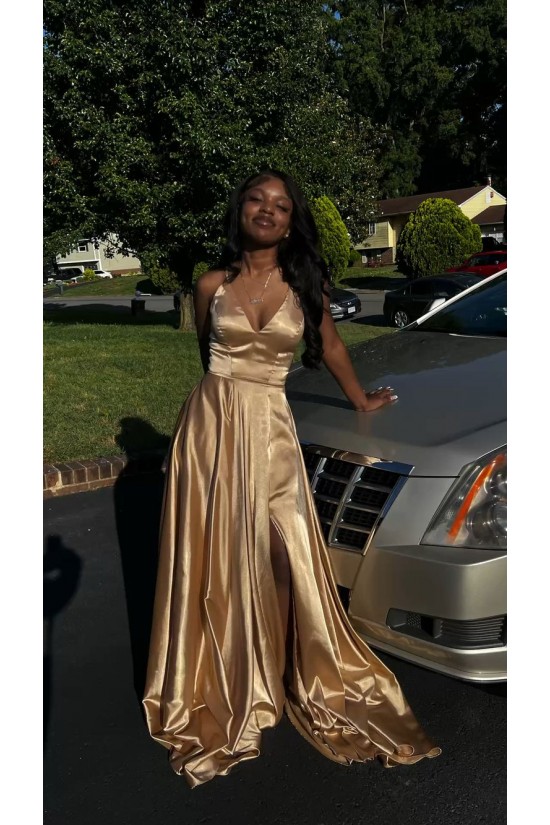 A Line V Neck Gold Sleeveless Long Prom Dresses Formal Evening Dresses 901882