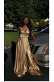 A Line V Neck Gold Sleeveless Long Prom Dresses Formal Evening Dresses 901882