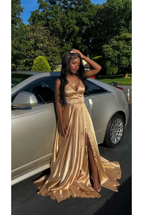 A Line V Neck Gold Sleeveless Long Prom Dresses Formal Evening Dresses 901882