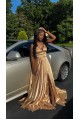 A Line V Neck Gold Sleeveless Long Prom Dresses Formal Evening Dresses 901882