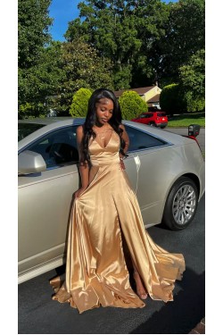 A Line V Neck Gold Sleeveless Long Prom Dresses Formal Evening Dresses 901882