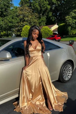 A Line V Neck Gold Sleeveless Long Prom Dresses Formal Evening Dresses 901882