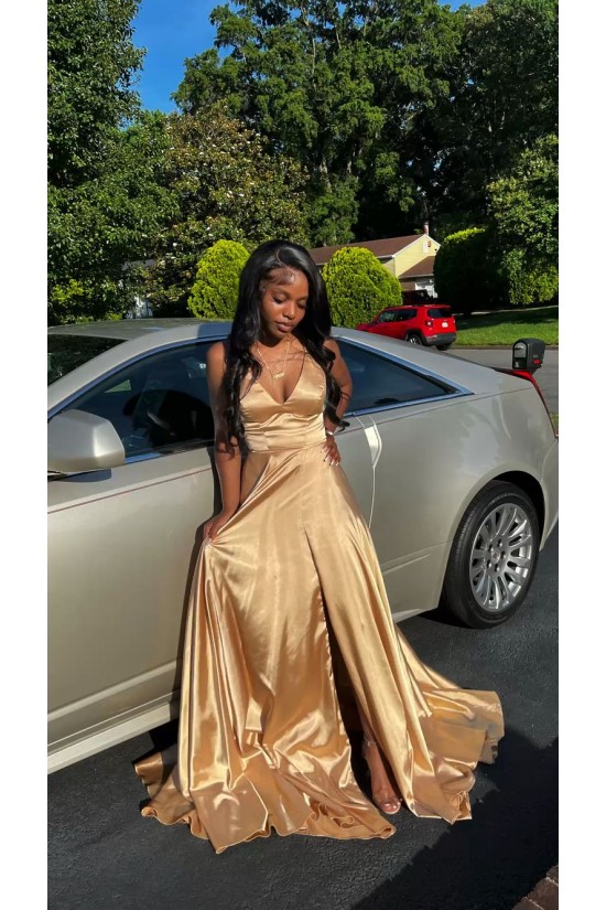 A Line V Neck Gold Sleeveless Long Prom Dresses Formal Evening Dresses 901882