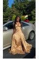 A Line V Neck Gold Sleeveless Long Prom Dresses Formal Evening Dresses 901882