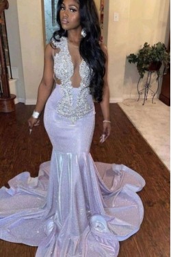 Mermaid Sparkle Lace Sleeveless Long Prom Dresses Formal Evening Dresses 901883