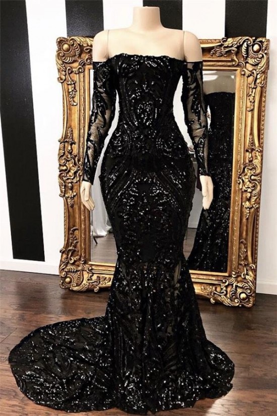 Long Black Mermaid Lace Prom Dresses Formal Evening Dresses 901894