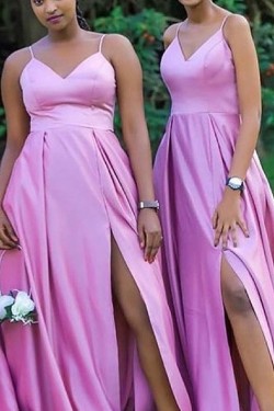 A-Line Long Pink Spaghetti Straps Floor Length Bridesmaid Dresses 902001