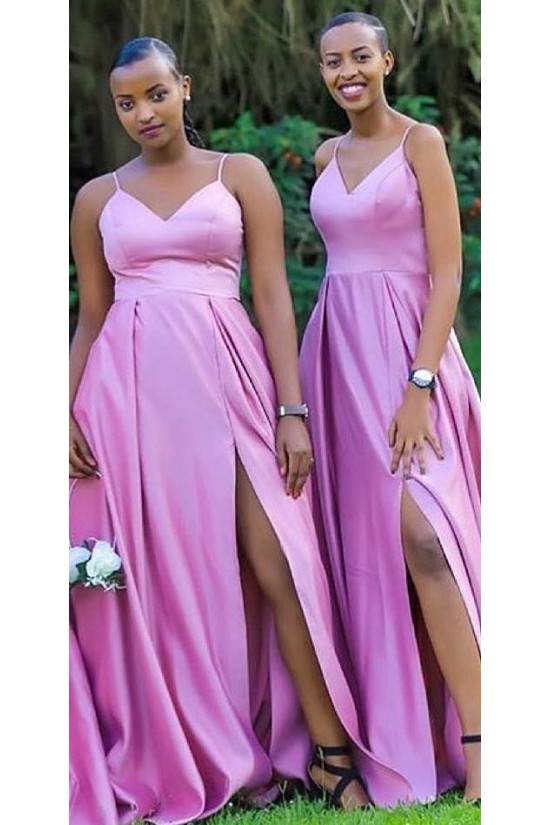 A-Line Long Pink Spaghetti Straps Floor Length Bridesmaid Dresses 902001