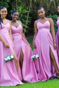 A-Line Long Pink Spaghetti Straps Floor Length Bridesmaid Dresses 902001