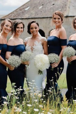Mermaid Tea Length Off the Shoulder Navy Blue Bridesmaid Dresses 902005