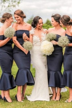 Mermaid Tea Length Off the Shoulder Navy Blue Bridesmaid Dresses 902005