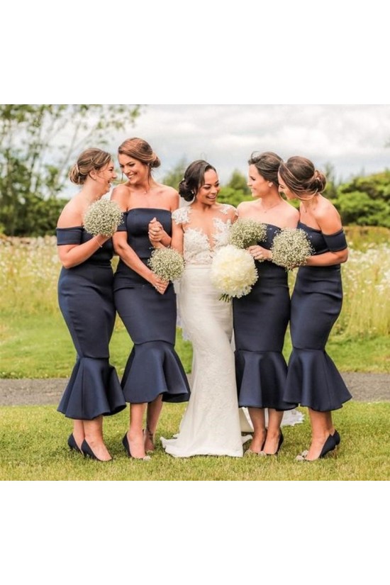 Mermaid Tea Length Off the Shoulder Navy Blue Bridesmaid Dresses 902005