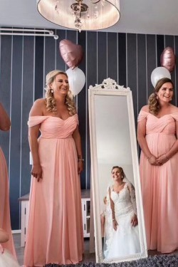 Long Pink Chiffon Off the Shoulder Bridesmaid Dresses 902009