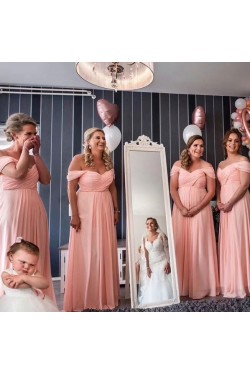 Long Pink Chiffon Off the Shoulder Bridesmaid Dresses 902009