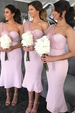 Pink Tea Length One Shoulder Bridesmaid Dresses 902010