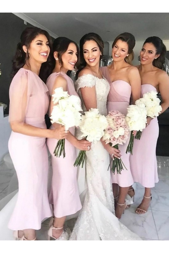 Pink Tea Length One Shoulder Bridesmaid Dresses 902010