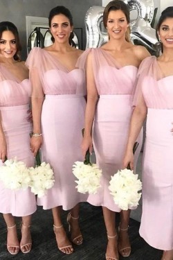 Pink Tea Length One Shoulder Bridesmaid Dresses 902010