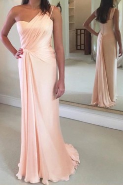 Long Pink One Shoulder Long Bridesmaid Dresses 902011