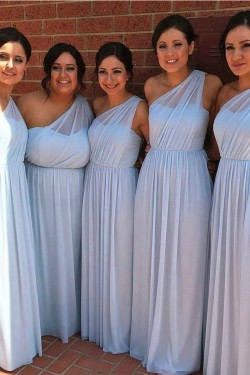 A-Line Long Blue Chiffon One Shoulder Bridesmaid Dresses 902013