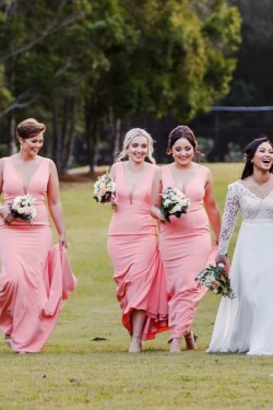Long Pink Mermaid Floor Length Bridesmaid Dresses 902029