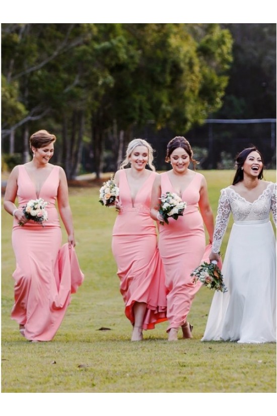 Long Pink Mermaid Floor Length Bridesmaid Dresses 902029