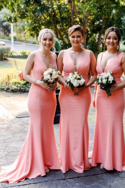 Long Pink Mermaid Floor Length Bridesmaid Dresses 902029
