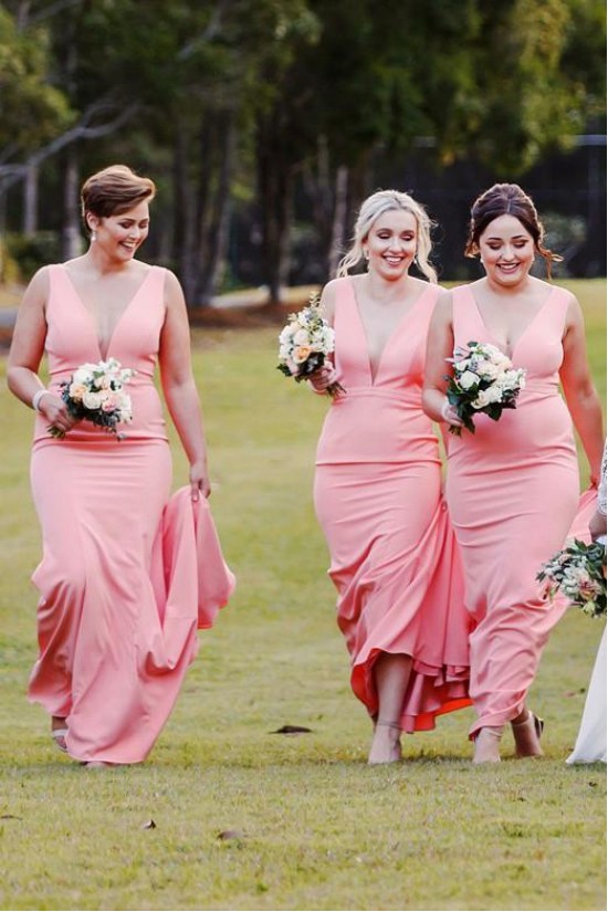 Long Pink Mermaid Floor Length Bridesmaid Dresses 902029