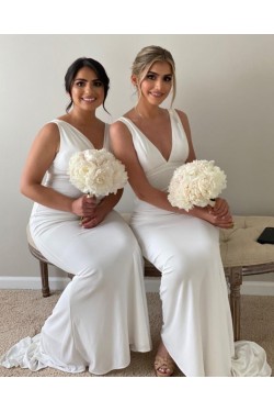 Long White Mermaid V Neck Bridesmaid Dresses 902034