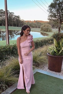 Mermaid One Shoulder Long Pink Bridesmaid Dresses 902039