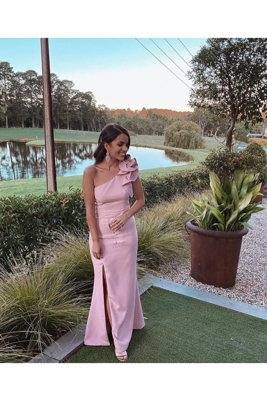 Mermaid One Shoulder Long Pink Bridesmaid Dresses 902039