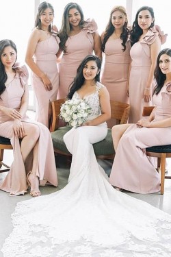 Mermaid One Shoulder Long Pink Bridesmaid Dresses 902039