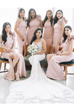 Mermaid One Shoulder Long Pink Bridesmaid Dresses 902039