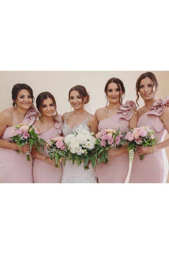 Mermaid One Shoulder Long Pink Bridesmaid Dresses 902039