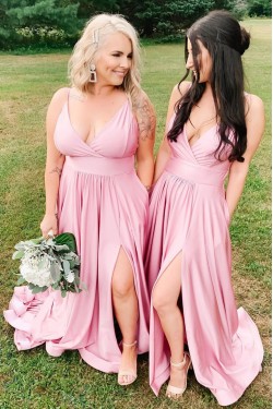 Long Pink V Neck Floor Length Bridesmaid Dresses 902040