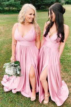 Long Pink V Neck Floor Length Bridesmaid Dresses 902040