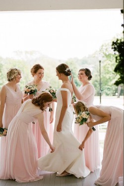 Long Pink Chiffon V Neck Floor Length Bridesmaid Dresses 902041