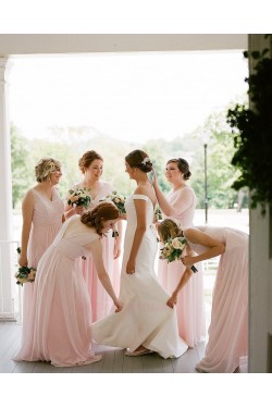 Long Pink Chiffon V Neck Floor Length Bridesmaid Dresses 902041