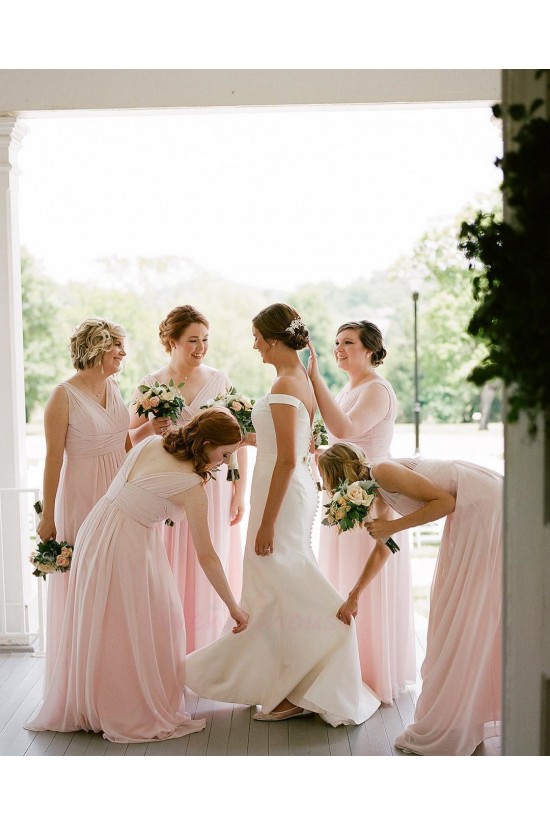 Long Pink Chiffon V Neck Floor Length Bridesmaid Dresses 902041