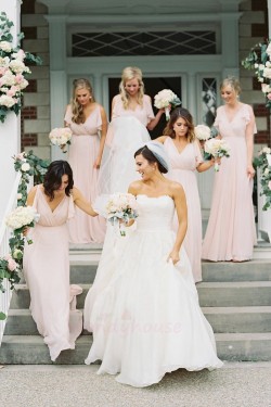 Long Pink Chiffon V Neck Floor Length Bridesmaid Dresses 902042
